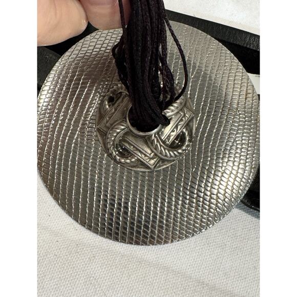 Vtg Black Leather Belt Silver Buckle Tassel Reynold Mejer Metal Petals Studio - Picture 6 of 7